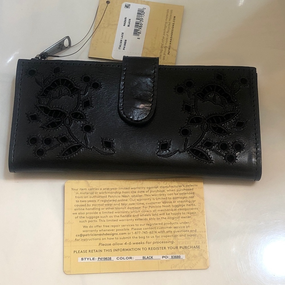 Patricia Nash Nazari Black Leather Italian Lace Bifold Wallet NWT & Card
